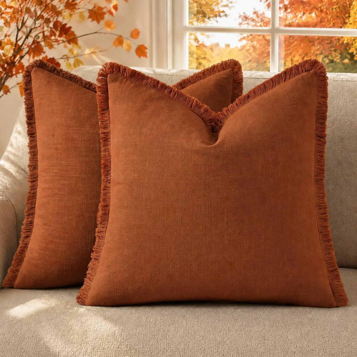 decorUhome Linen Fringe Natural Beige Throw Pillow Covers 18x18 Set of 2