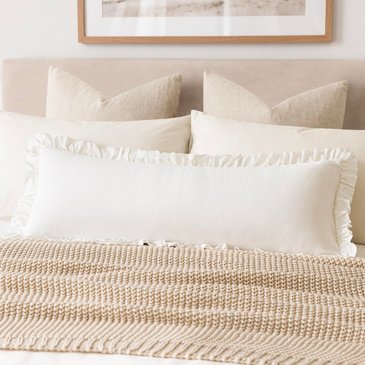 Foindtower Set of 2 Decorative Soild Fringe Ruffle Throw Pillow Covers Soft Boho Farmhouse Cushion Cover Cozy Accent Retro Pillowcase for Couch Sofa Bed Living Room Home Decor,20×20 Inch,Natural Beige