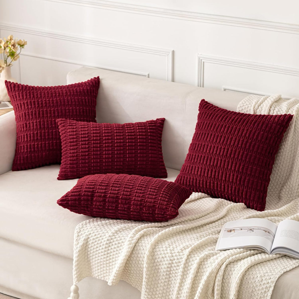 MIULEE Christmas Corduroy Decorative Throw Pillow Covers 18x18 Burgundy