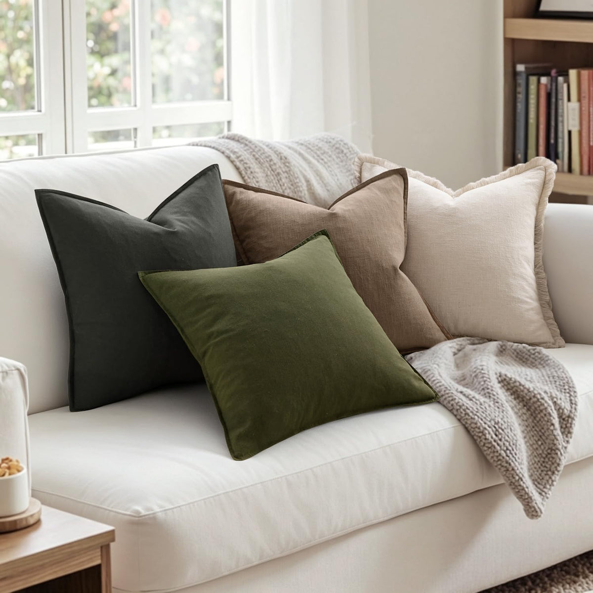 MIULEE Pack of 2 Decorative Linen Pillow Covers 18x18 Inch Olive Green