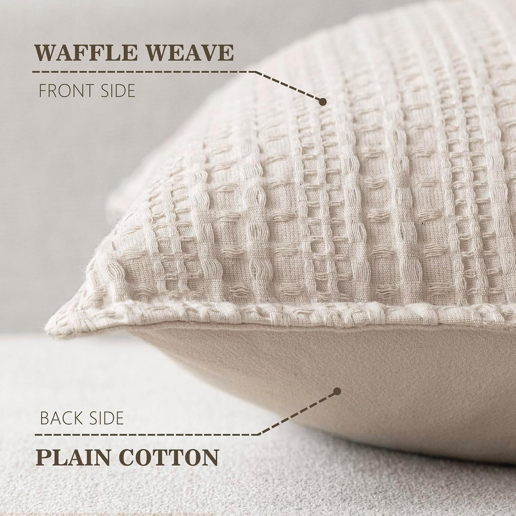 Foindtower Set of 2 Decorative Cotton Waffle Weave Textured Throw Pillow Covers Euro Sham Cushion Covers Accent European Pillowcase For Bed Couch Sofa Bedroom Living Room Home Decor 18×18 Inch Oatmeal