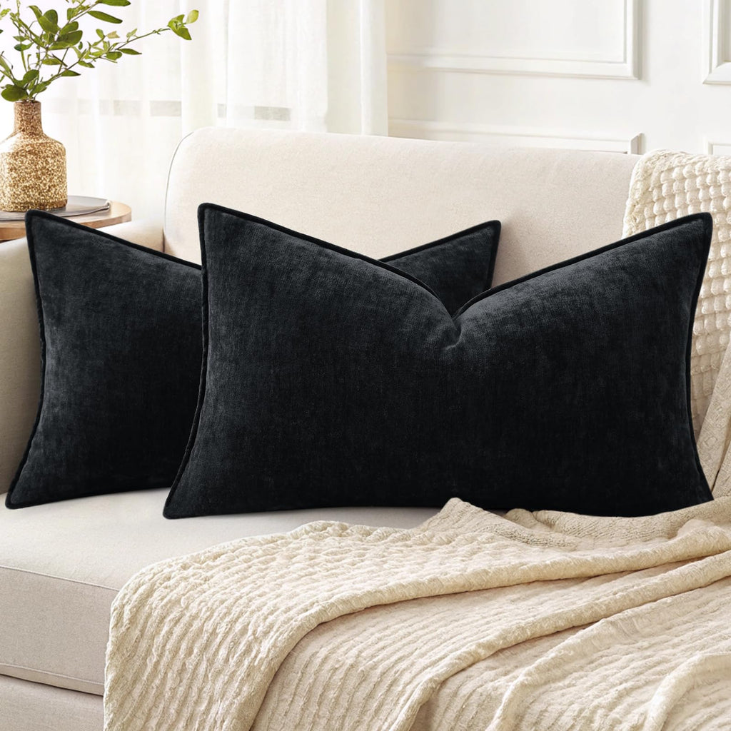 decorUhome Chenille Beige Velvet Throw Pillow Covers 18x18 Set of 2