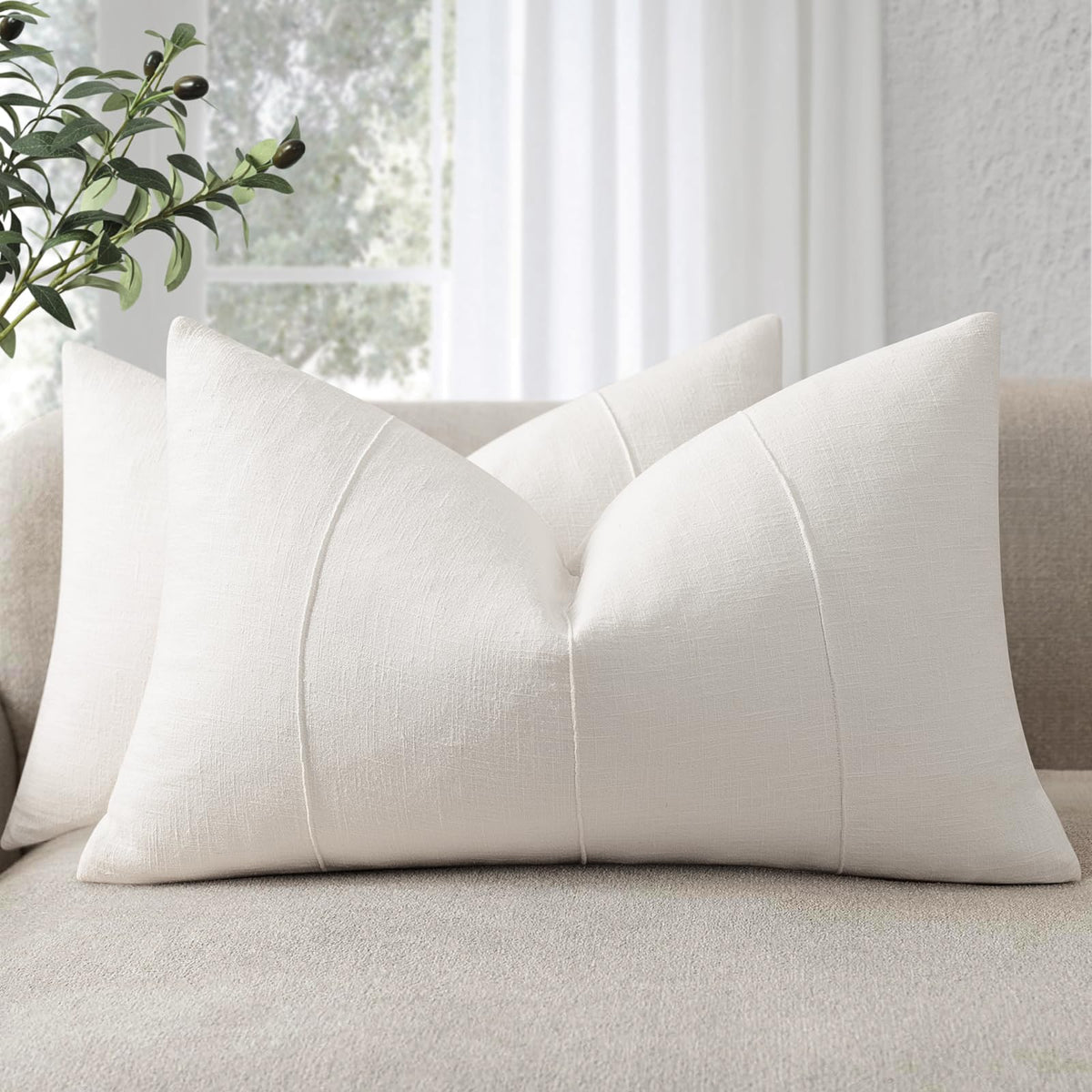 Decorative Linen Throw Pillow Covers 18x18 Set of 2 Solid handcrafted Striped Cushion Covers for Bed Soft Modern Farmhouse Neutral Pillowcase for Couch Bedroom Living Room Home Decor(Natural Beige)