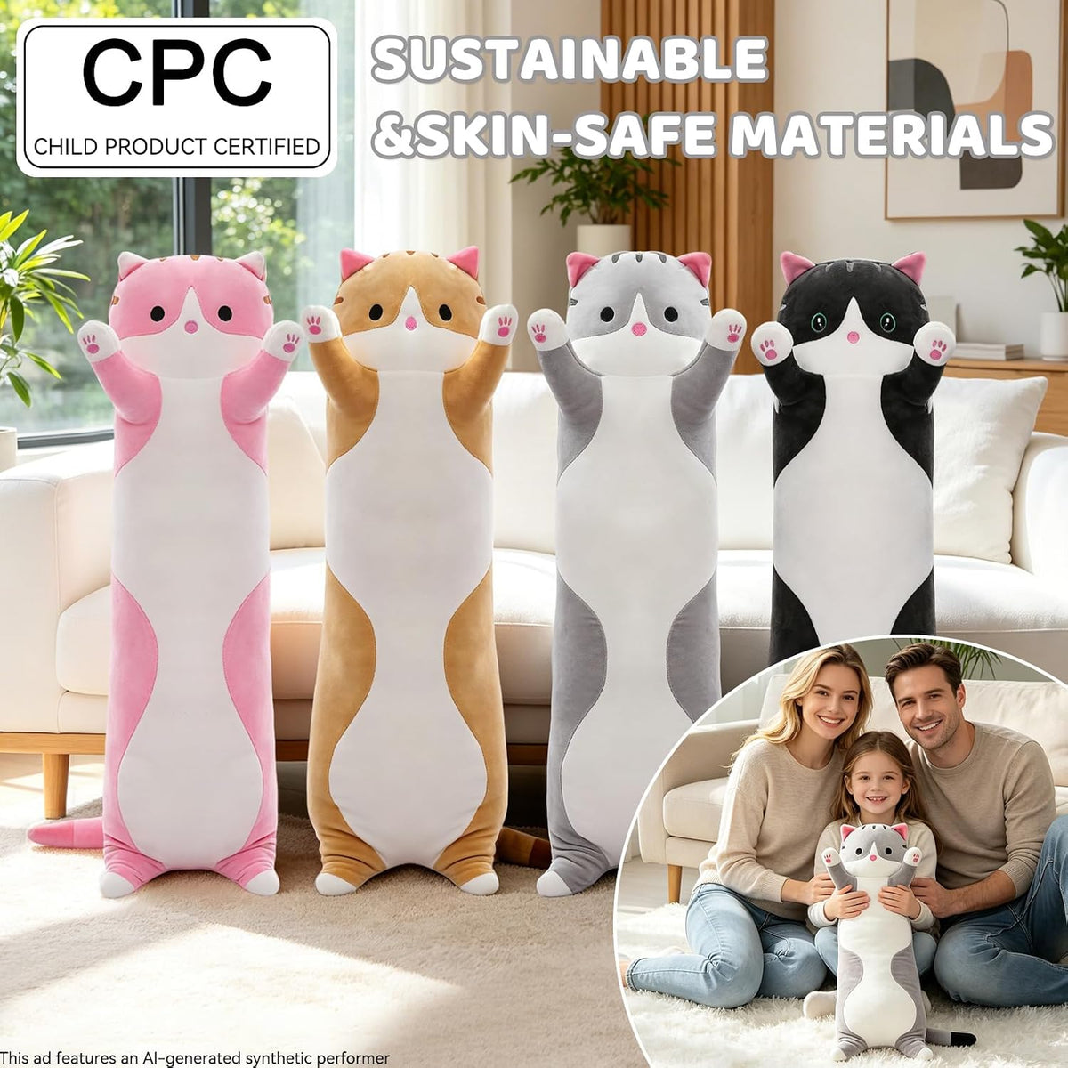 Cute Long Cat Plush Body Pillow, Soft Stuffed Animals 19.7 Inch