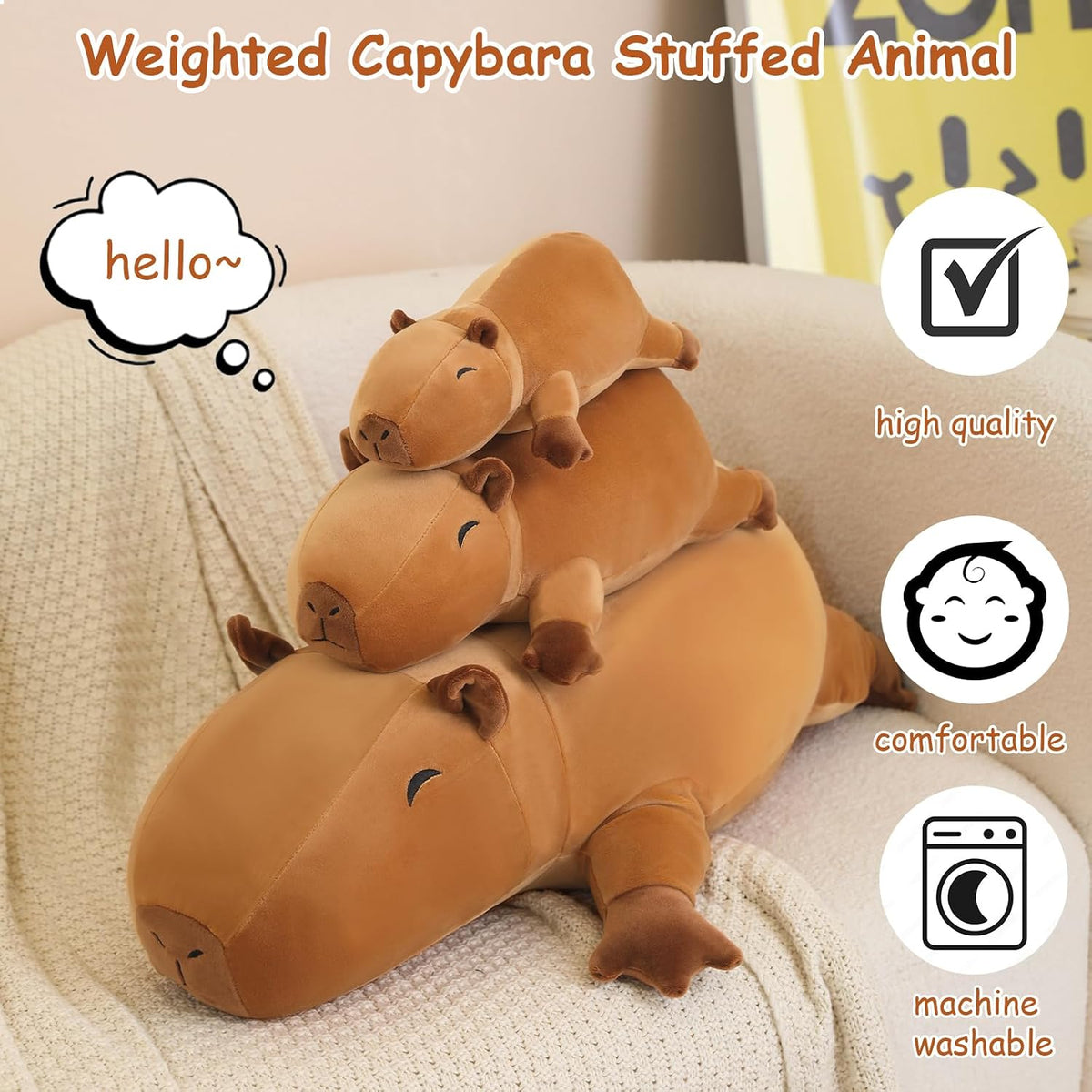 SQEQE Weighted Capybara Plush, Weighted Capybara Stuffed Animal, Cute Plushies Soft Pillow Toy Gift for Kids Adults 9.8 Inch, 0.8 Lbs