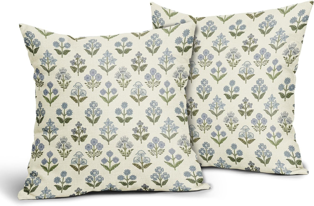 Blue Green Block Print Pillow Covers 18x18 Inch Set of 2, Vintage Floral Spring Decorative Throw Pillow Cases Boho Cushion Covers Rustic Decoration Gift Farmhouse Sofa Couch Bed Decor