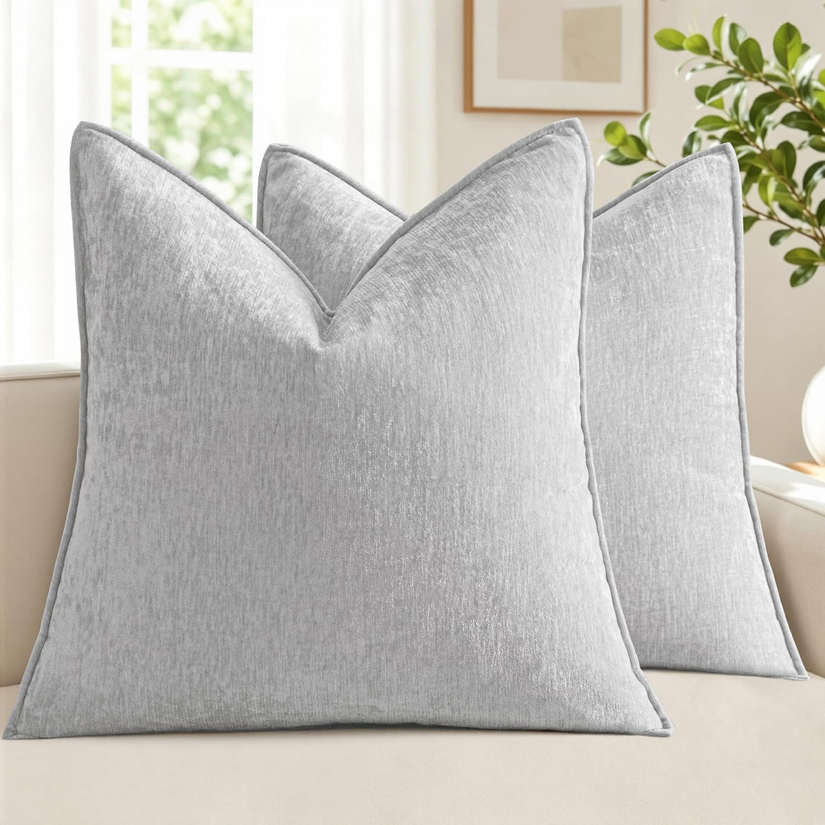 MIULEE Chenille Couch Pillow Covers for Living Room 18x18 Natural Beige