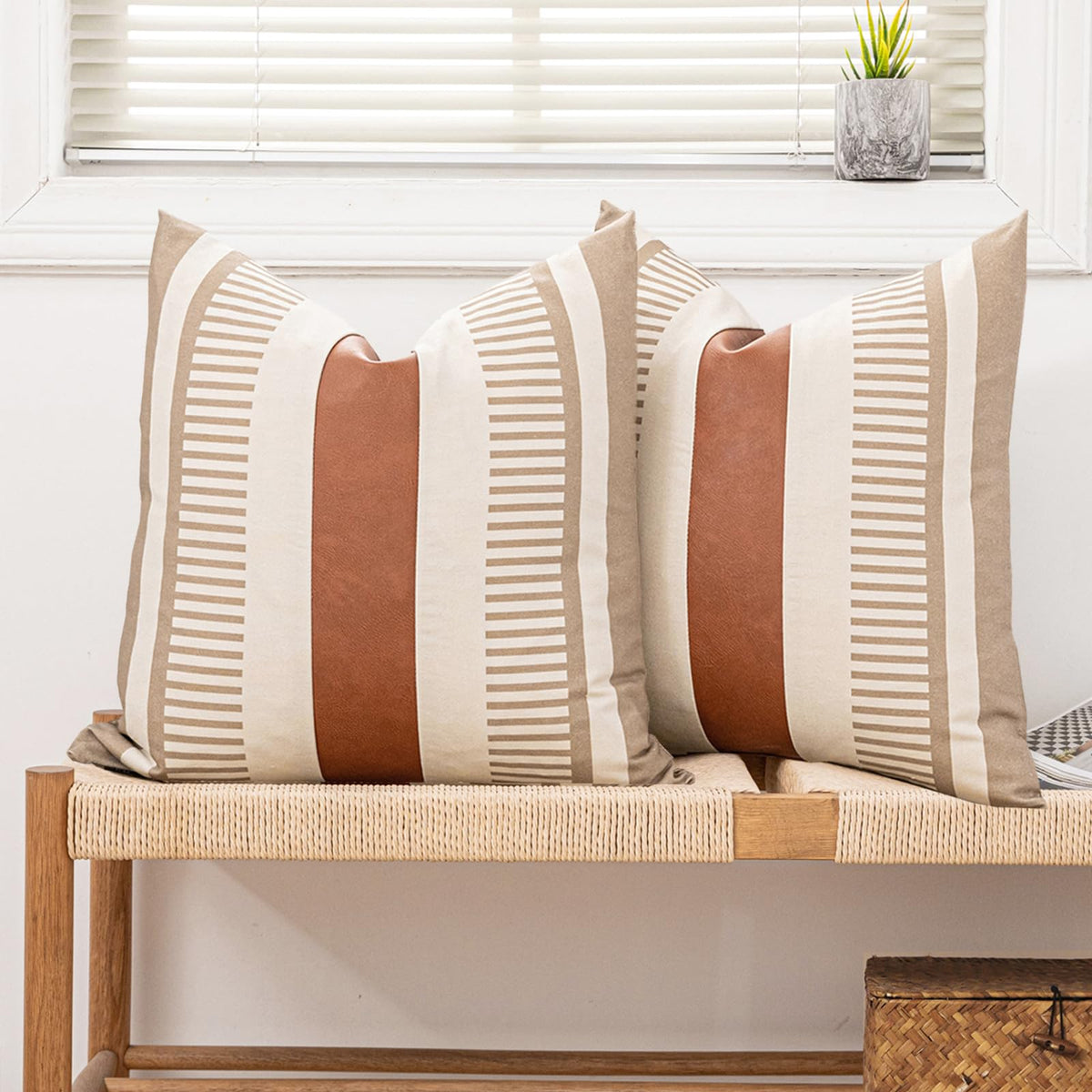 Decorative Striped Throw Pillow Cover 20x20 Inch Black White & Brown