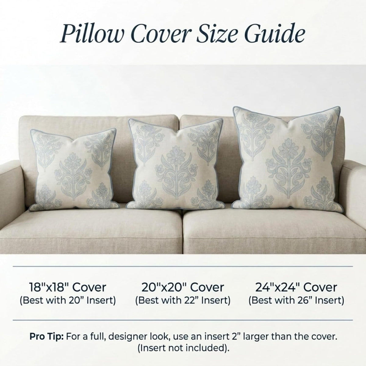 Jillien Harbor “The Naples” Floral Block Print Pillow Cover – Grey and White Blue Decorative Throw Pillow Cover – Grandmillennial Home Decor, 20" x 20"