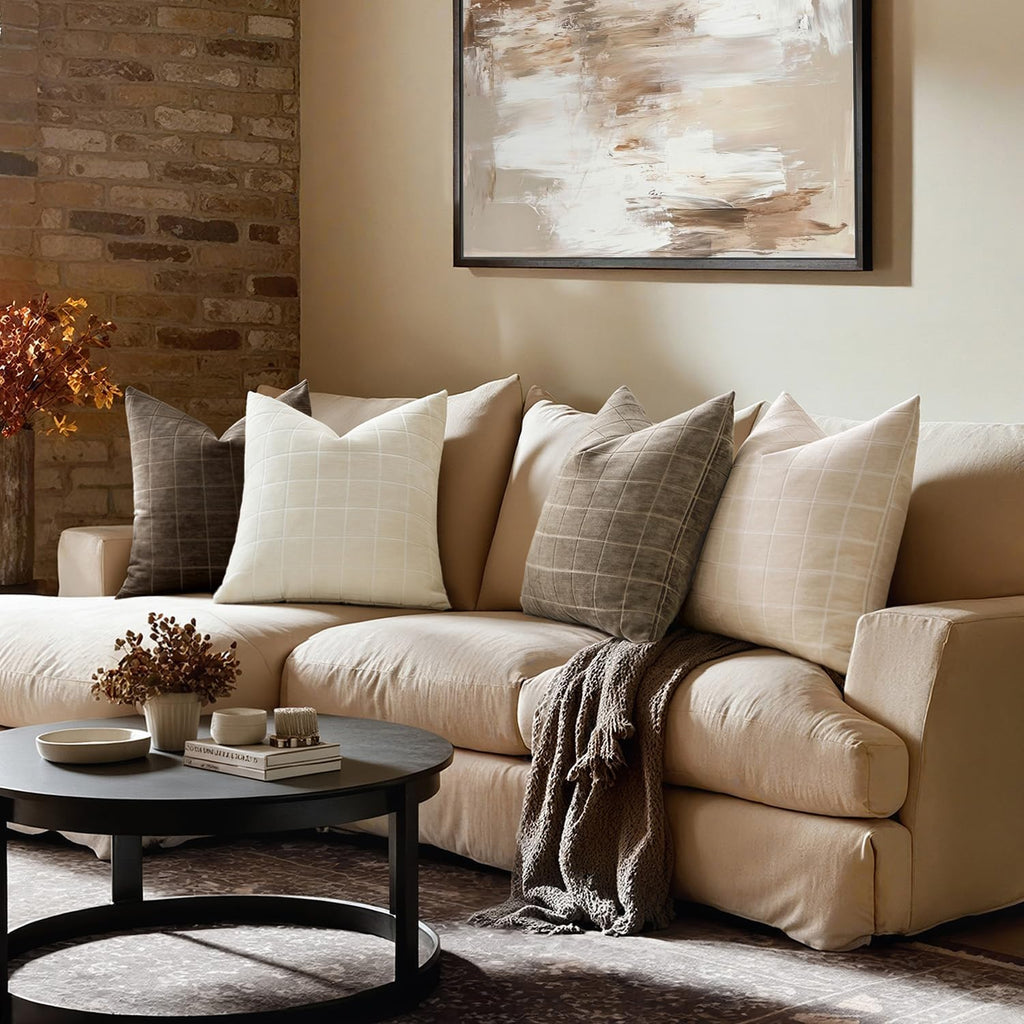 MIULEE Taupe Grey Plaid Decorative Fall Throw Pillow Covers 20x20 Set of 2