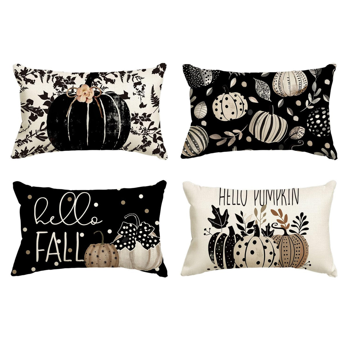 AVOIN colorlife Fall Hello Pumpkin Leaves Throw Pillow Covers, 18 x 18 Inch Autumn Thanksgiving Harvest Polka Dot Black Decorations for Sofa Couch Set of 4