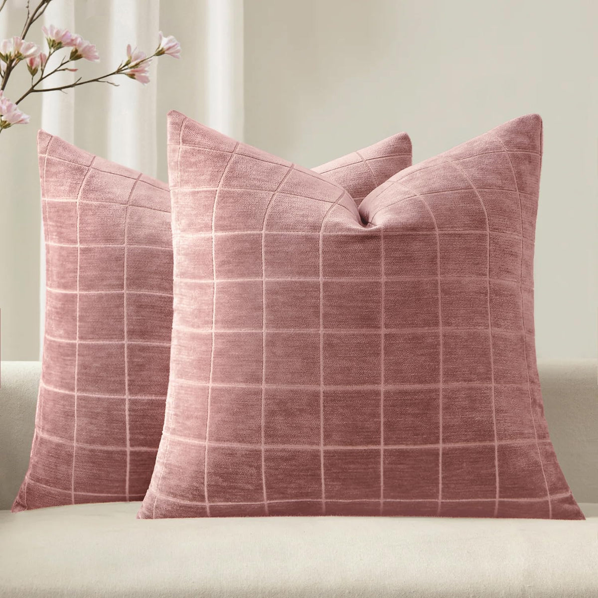 MIULEE Taupe Grey Plaid Decorative Fall Throw Pillow Covers 20x20 Set of 2