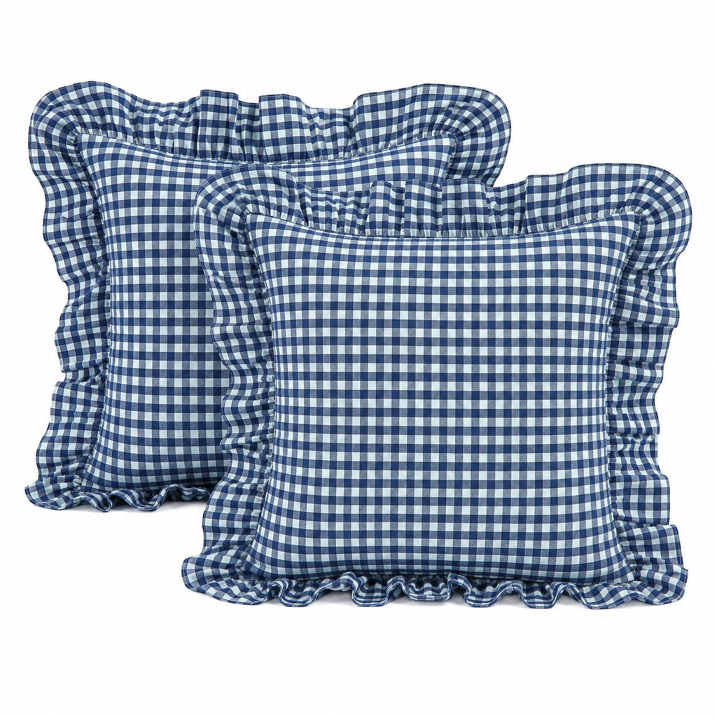 Gingham Throw Pillow Covers 18x18, Warm Taupe/White, Ruffle Trim