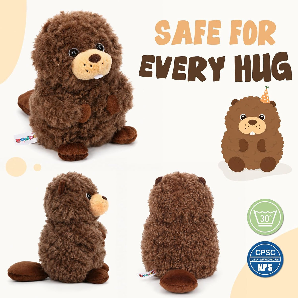 Curly Beaver Stuffed Animal Cute Squishy Plush Toy for Kids 9.8''
