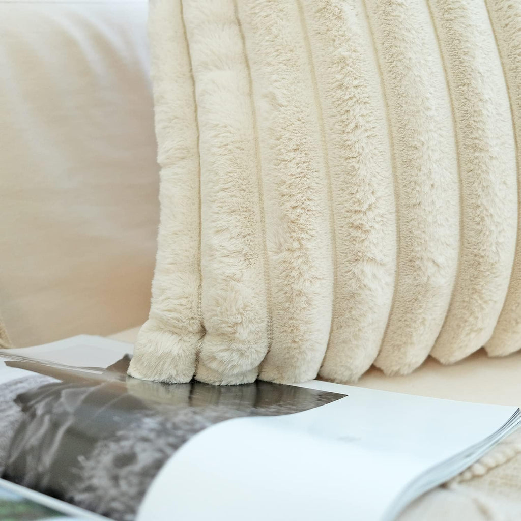JOJUSIS Faux Fur Plush Throw Pillow Covers, Beige, 20 x 20-Inch