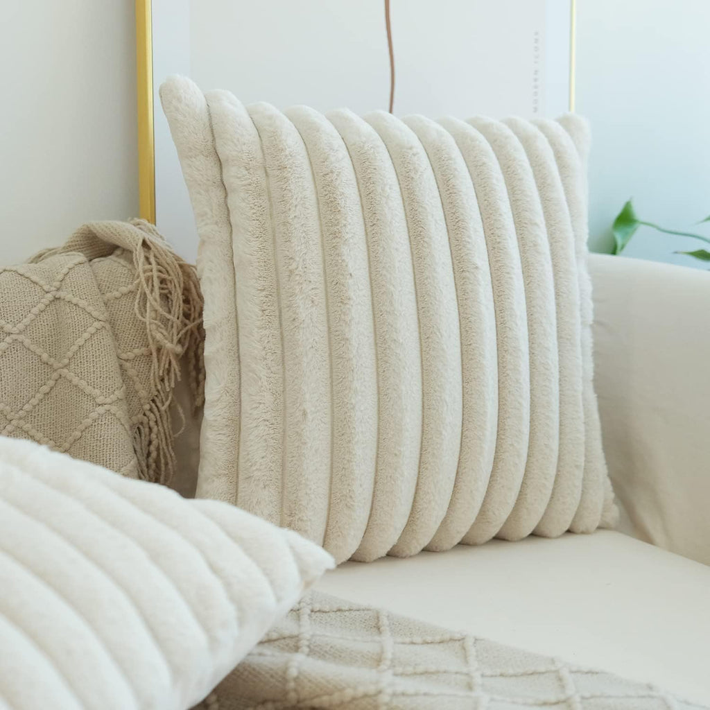 JOJUSIS Faux Fur Plush Throw Pillow Covers, Beige, 20 x 20-Inch
