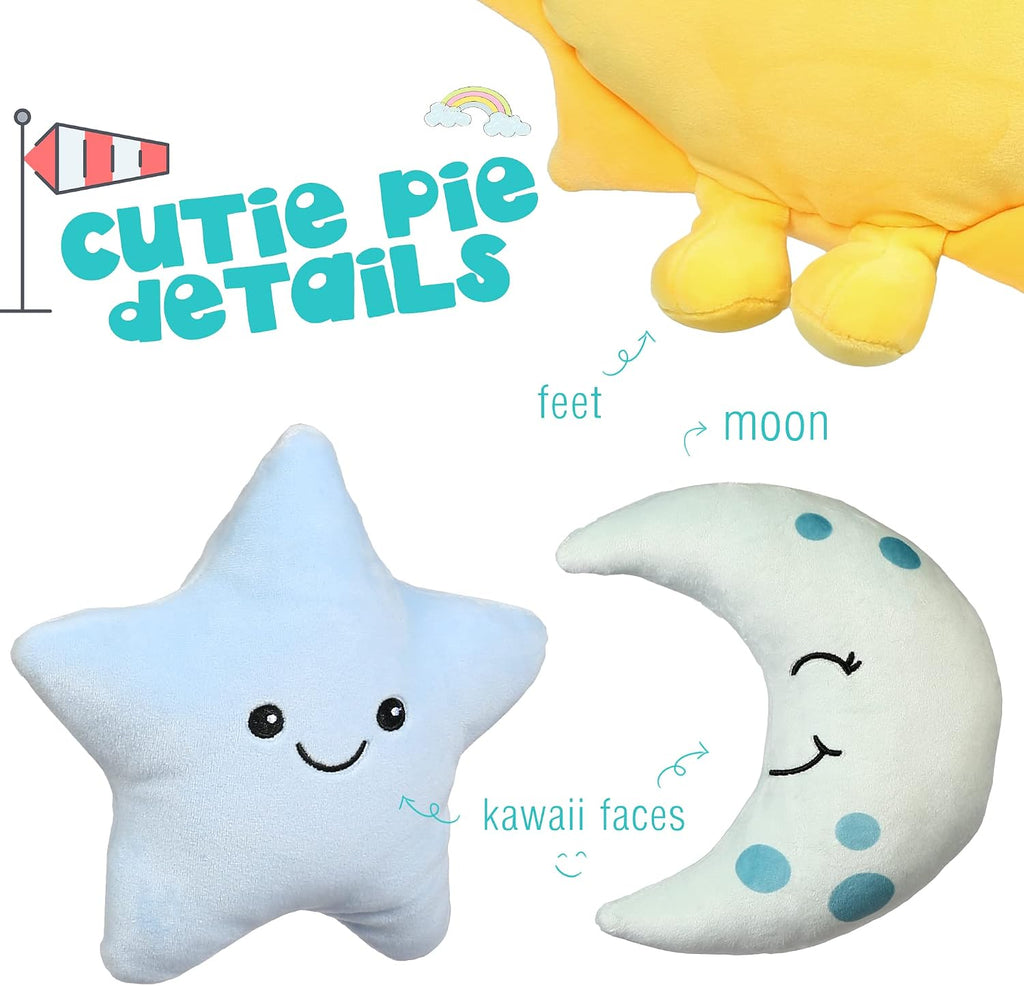 BenBen Sun Plush Toy 12 inch, Set of 3, 7 inch Stuffed Star and Moon, Cute Plushies Gift, Kids Bedroom Decorative Toy, Easter Basket Stuffers, Fun Plush Pillow for Home Décor