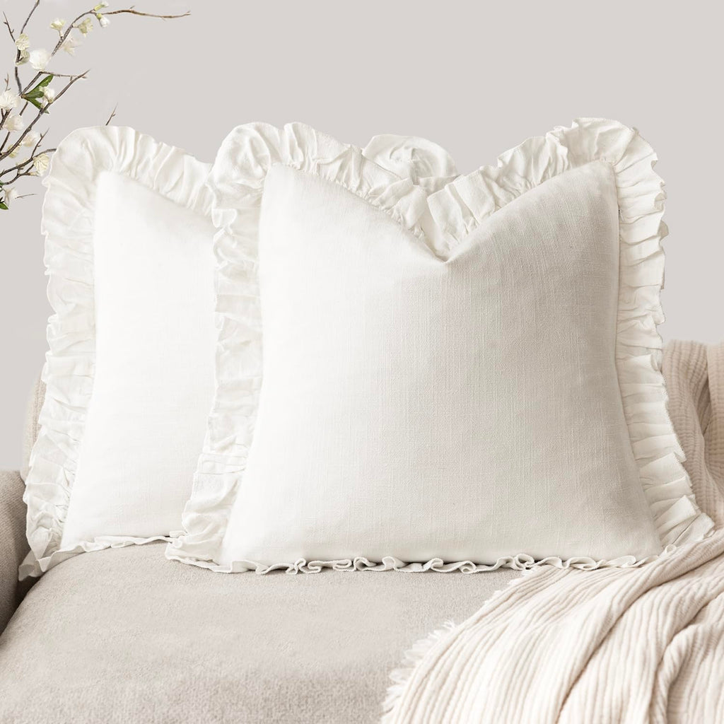 Foindtower Set of 2 Decorative Soild Fringe Ruffle Throw Pillow Covers Soft Boho Farmhouse Cushion Cover Cozy Accent Retro Pillowcase for Couch Sofa Bed Living Room Home Decor,20×20 Inch,Natural Beige