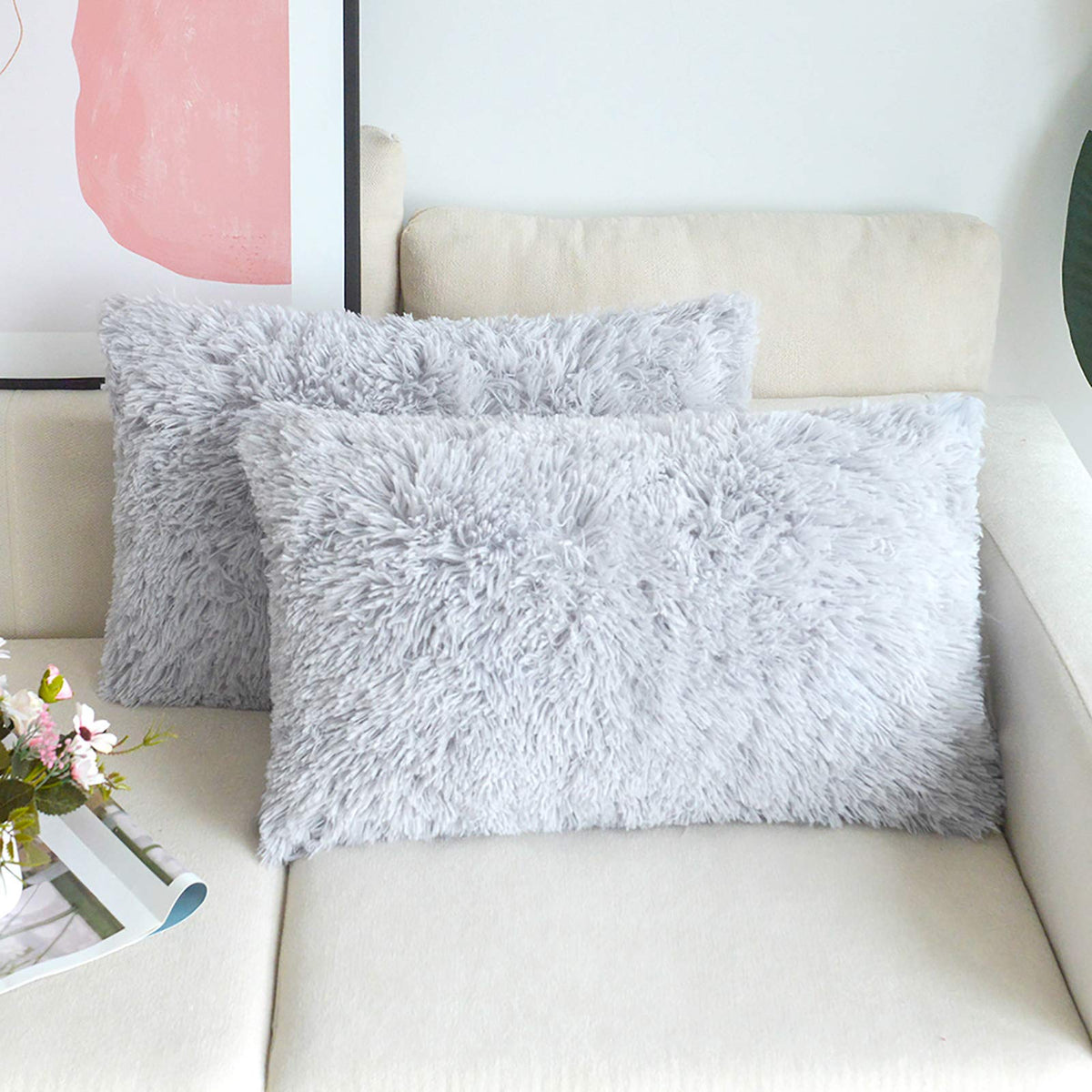 NordECO HOME Luxury Soft Faux Fur Fleece Cushion Cover Pillowcase Spring Decorative Throw Pillows Covers, No Pillow Insert, 18" x 18" Inch, White, 2 Pack
