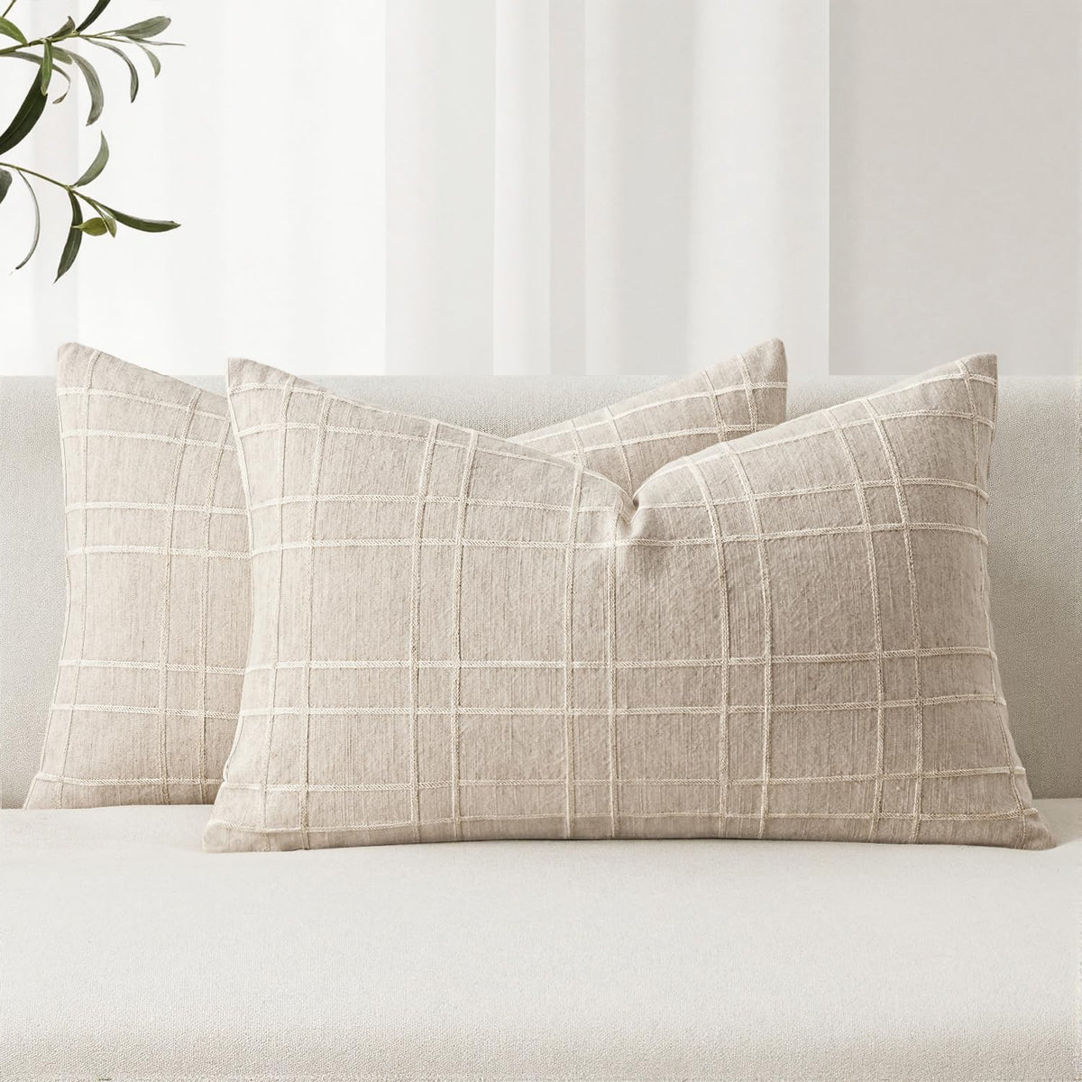MIULEE Linen Plaid Pillow Covers Decorative 20x20 Natural Beige