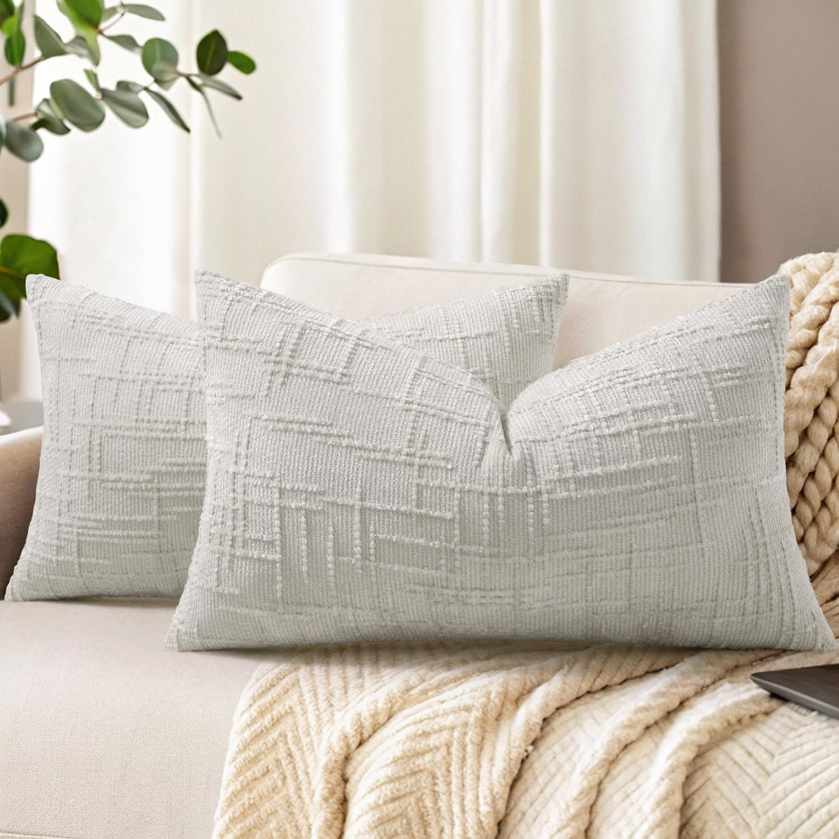 decorUhome Textured Chenille Throw Pillow Covers 18x18 Set of 2 Cream White