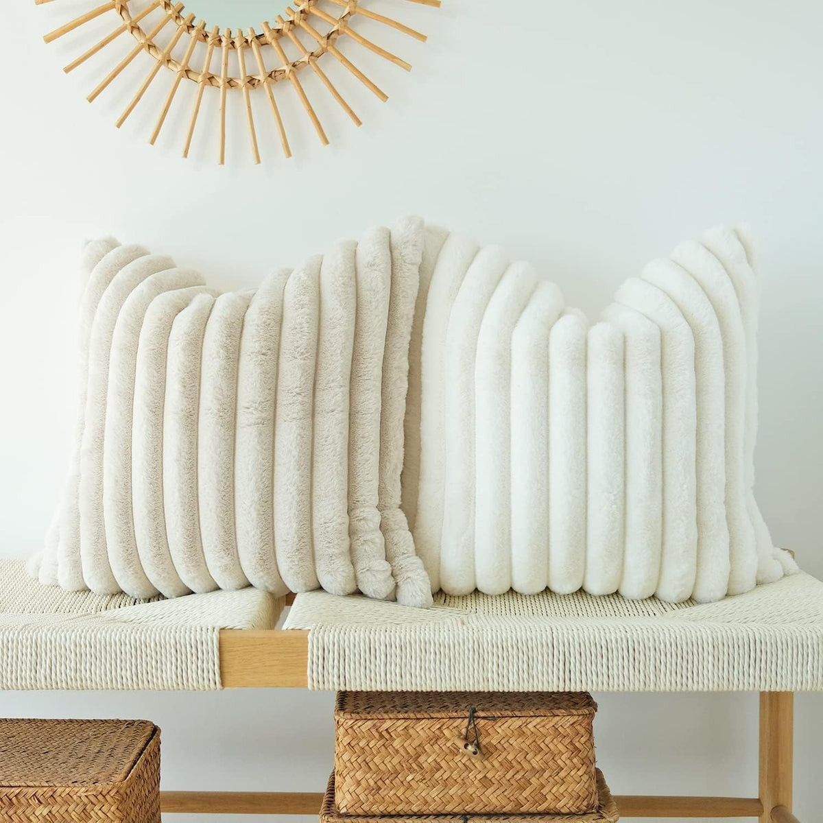 JOJUSIS Faux Fur Plush Throw Pillow Covers, Beige, 20 x 20-Inch