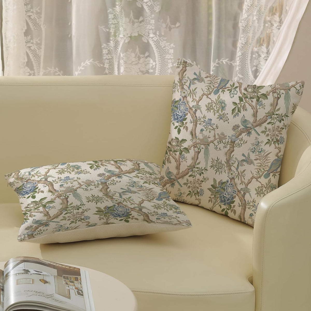 Chinoiserie Pillow Covers 18x18 Set of 2 Blue Green Bird Floral Throw Pillows Vintage Blue Flowers Decorations Outdoor Pillowcase Chinoiserie Decor Farmhouse Linen Cushion Case for Couch Home