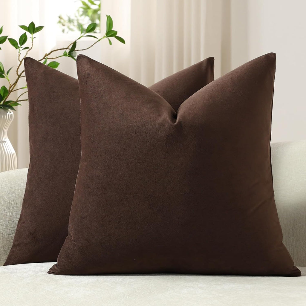 DEZENE Throw Pillow Covers 20x20 Chocolate Brown: Pack of 2 Cozy Soft Velvet Square Modern Luxury Decorative Throw Pillow Cases for Sofa Couch Living Room Bed Home Decor