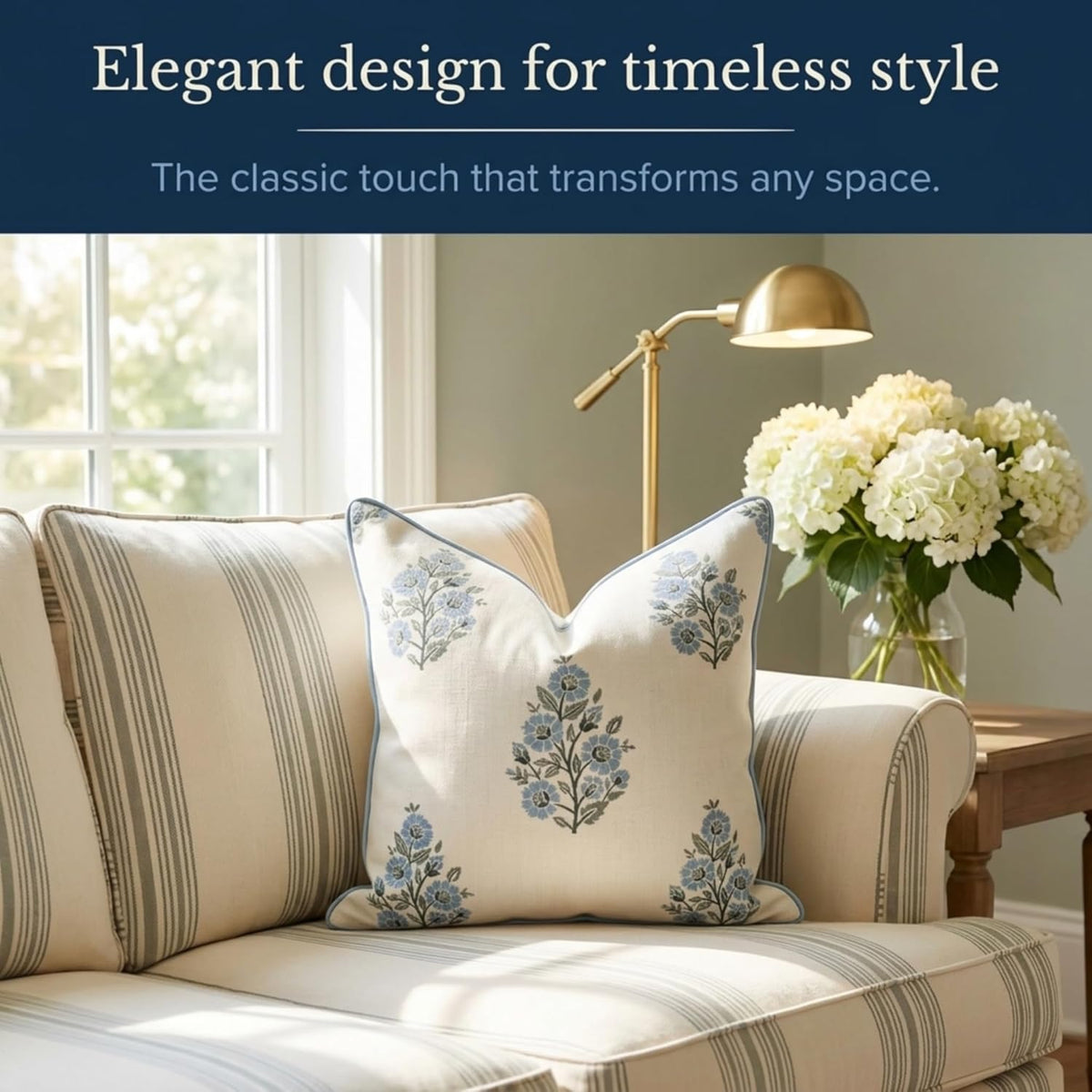 Jillien Harbor “The Camille” Floral Block Print Pillow Cover – Soft Blue and White Decorative Throw Pillow Cover – Grandmillennial Home Decor, 20" x 20"