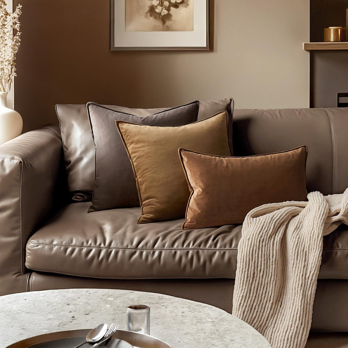 MIULEE Decorative Brown Velvet Throw Pillow Covers for Couch 22x22 Inch