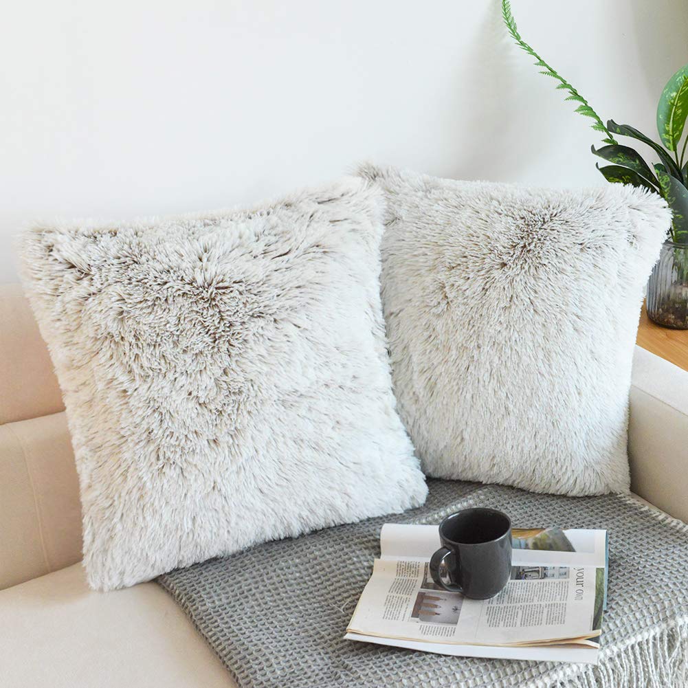 NordECO HOME Luxury Soft Faux Fur Fleece Cushion Cover Pillowcase Spring Decorative Throw Pillows Covers, No Pillow Insert, 18" x 18" Inch, White, 2 Pack