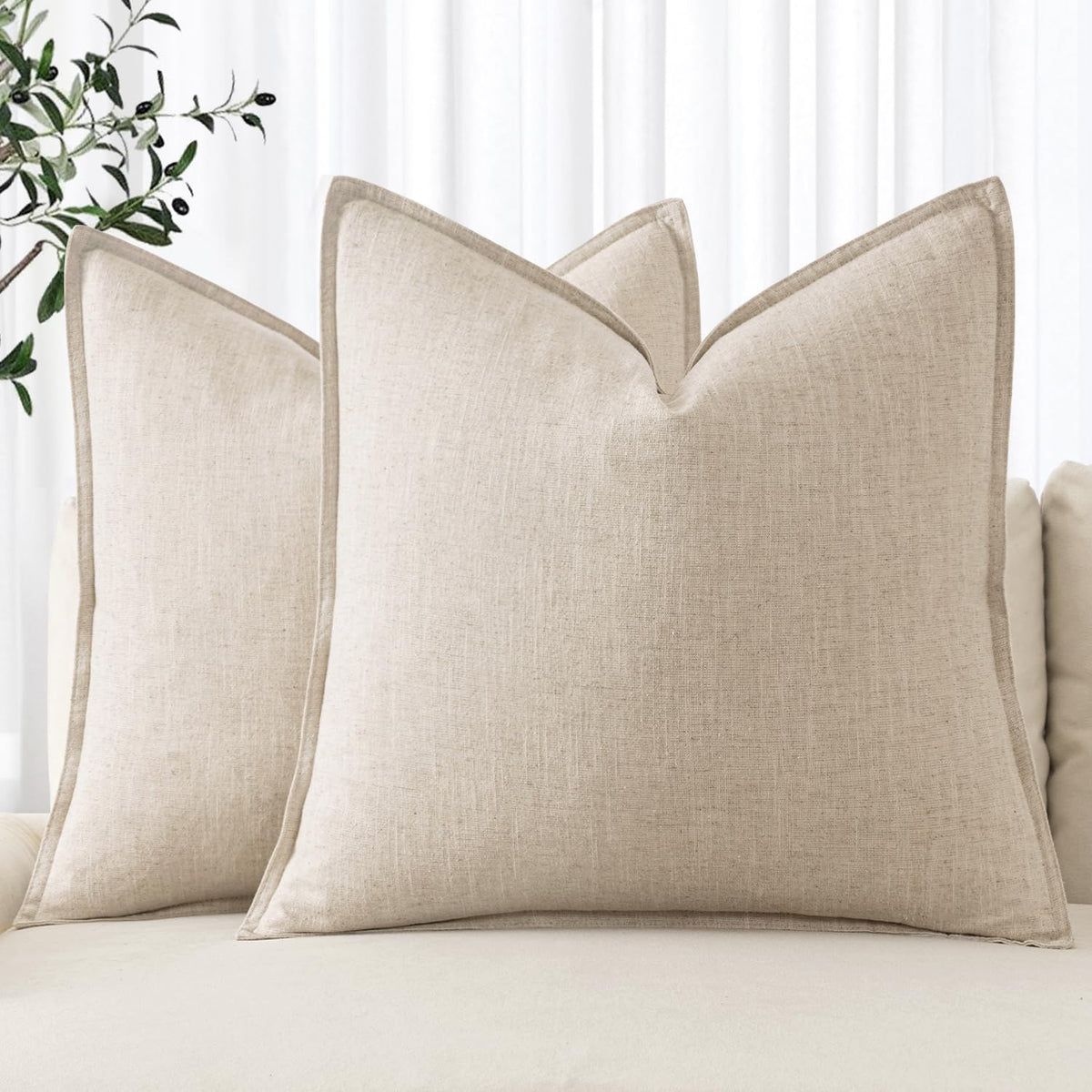 MIULEE Decorative Linen Euro Sham Pillow Covers 22x22 Inch Natural Beige