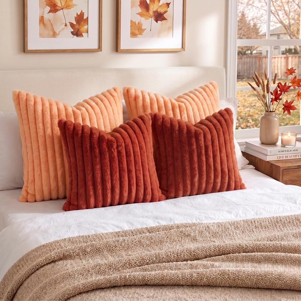 decorUhome Fall Faux Fur Throw Pillow Covers 18x18 Set of 2 Rust