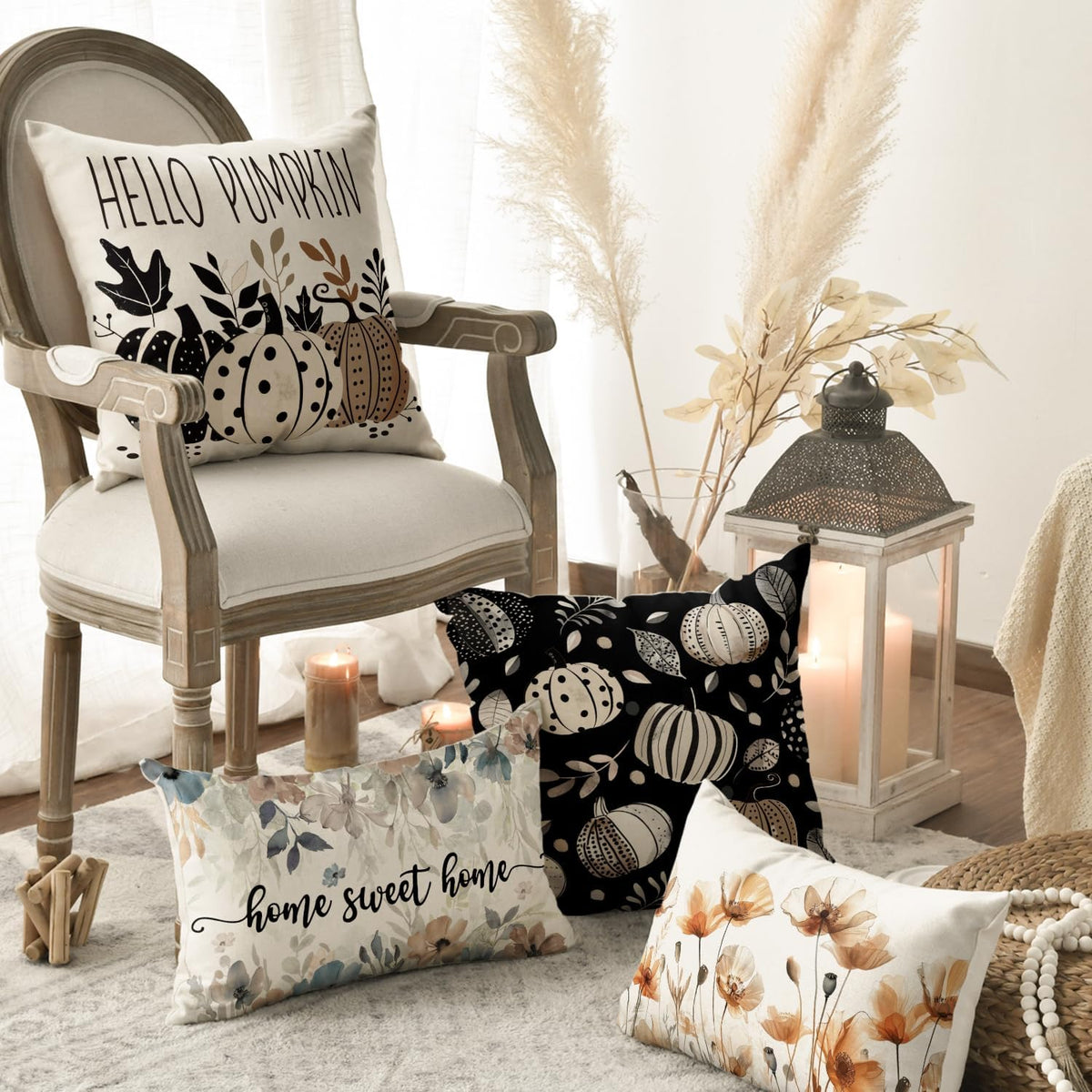 AVOIN colorlife Fall Hello Pumpkin Leaves Throw Pillow Covers, 18 x 18 Inch Autumn Thanksgiving Harvest Polka Dot Black Decorations for Sofa Couch Set of 4