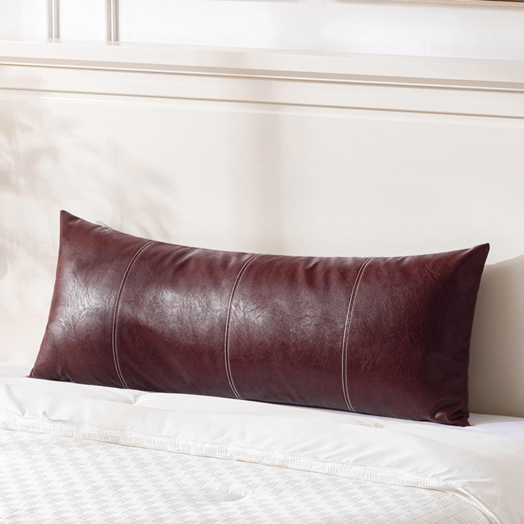 Fancy Homi Brown Boho Long Lumbar Faux Leather Body Decorative Throw Pillow Cover 14x36 Inch for Bedroom Couch Bed Sofa Bench, Hand Stitched Stylish Pillowcase, Rustic Modern Farmhouse Room Decor