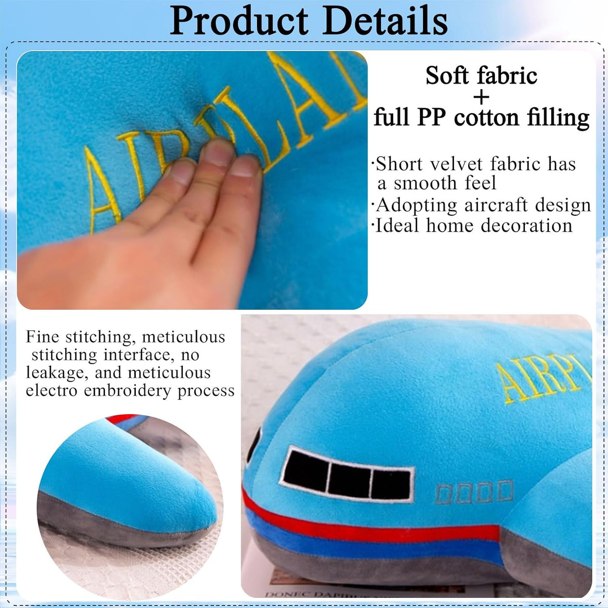Stuffed Airplane Plush Toys Blue Plane Pillow,Gifts for Kids Adults 15.7 inches