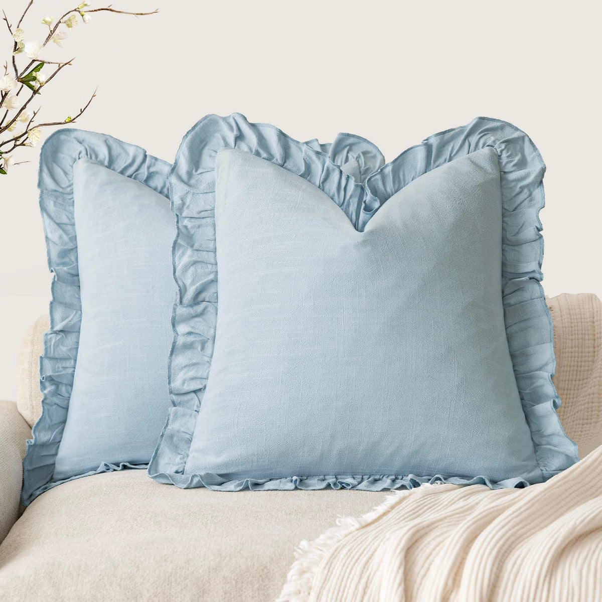 Foindtower Set of 2 Decorative Soild Fringe Ruffle Throw Pillow Covers Soft Boho Farmhouse Cushion Cover Cozy Accent Retro Pillowcase for Couch Sofa Bed Living Room Home Decor,20×20 Inch,Natural Beige