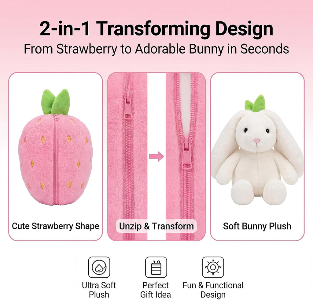 Freetoes Funny Strawberry Bunny Stuffed Animal,Strawberry Reversible Cuddle Bunnies Doll with Zipper Cute Soft Rabbit Toys Pillow,Kawaii Easter Bunny Plush Gifts or Valentines