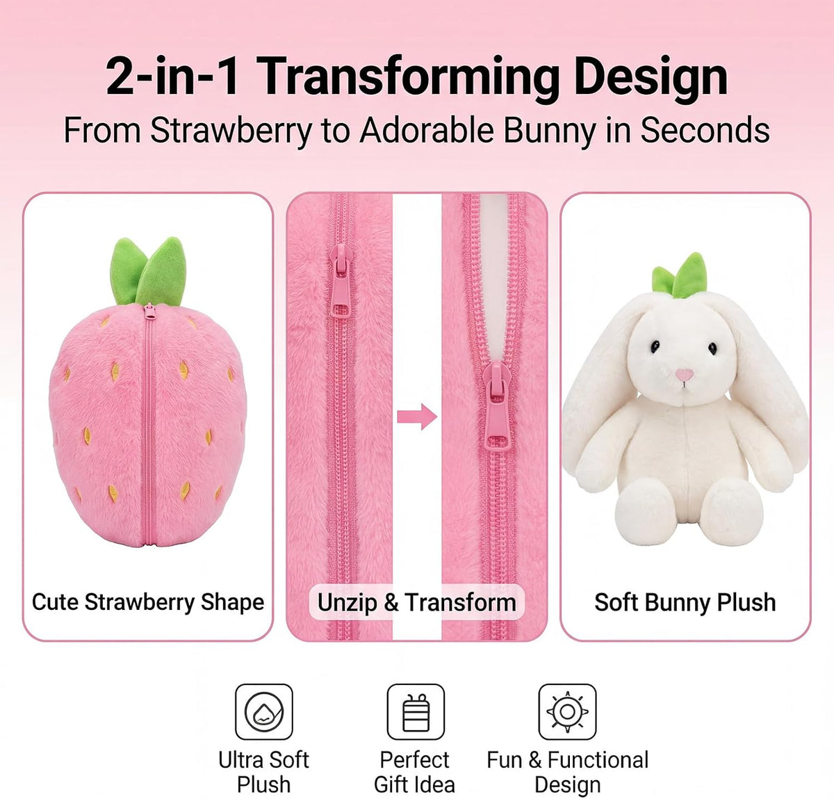 Freetoes Funny Strawberry Bunny Stuffed Animal,Strawberry Reversible Cuddle Bunnies Doll with Zipper Cute Soft Rabbit Toys Pillow,Kawaii Easter Bunny Plush Gifts or Valentines