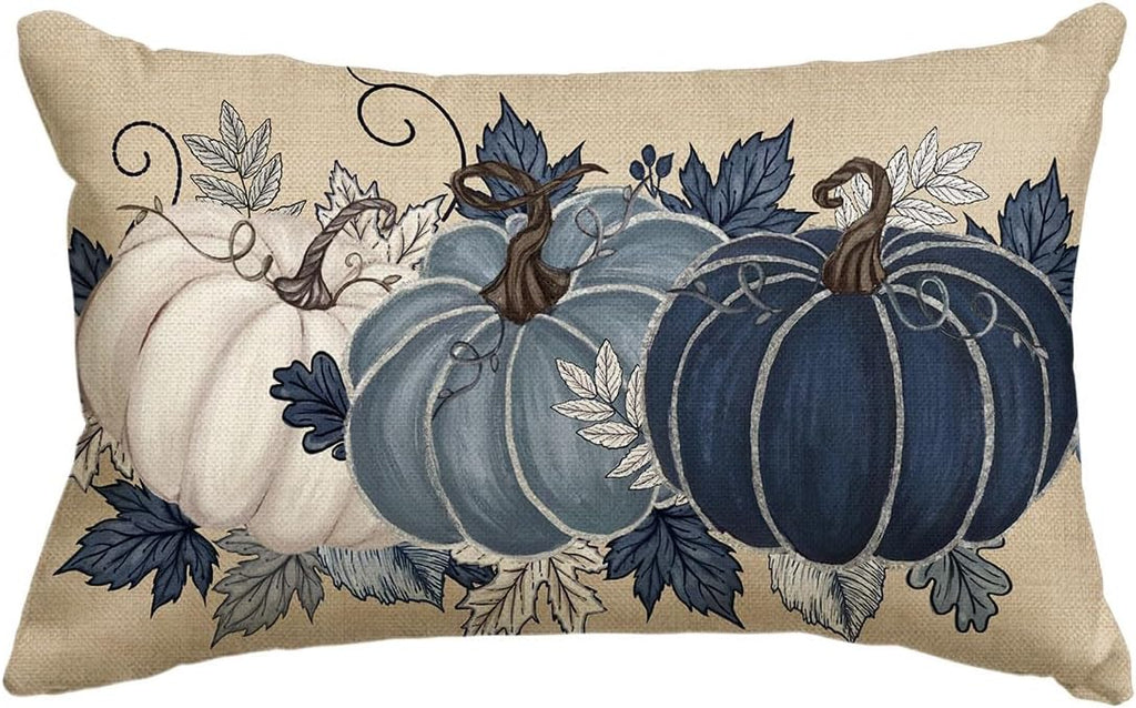 AVOIN colorlife Fall Blue Pumpkin Leaves Throw Pillow Cover 12x20 Inch