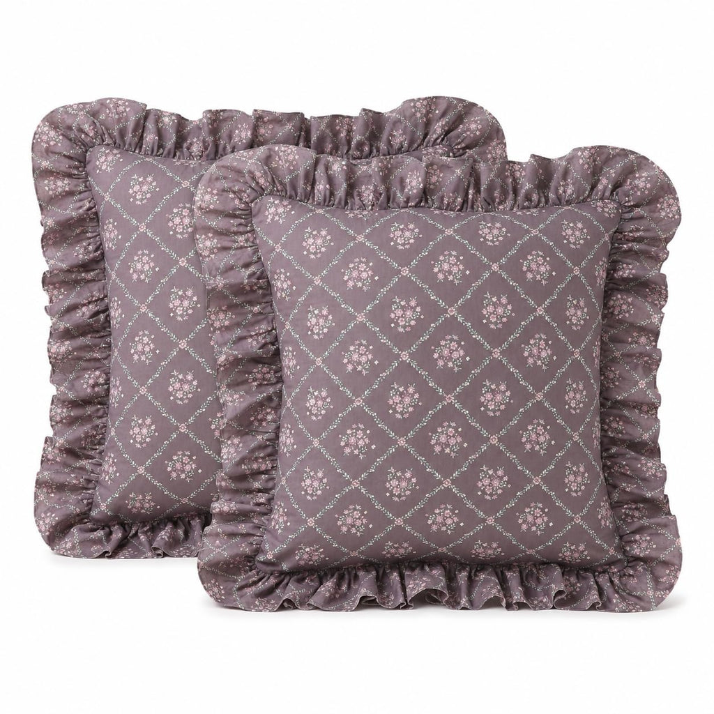 Gingham Throw Pillow Covers 18x18, Warm Taupe/White, Ruffle Trim