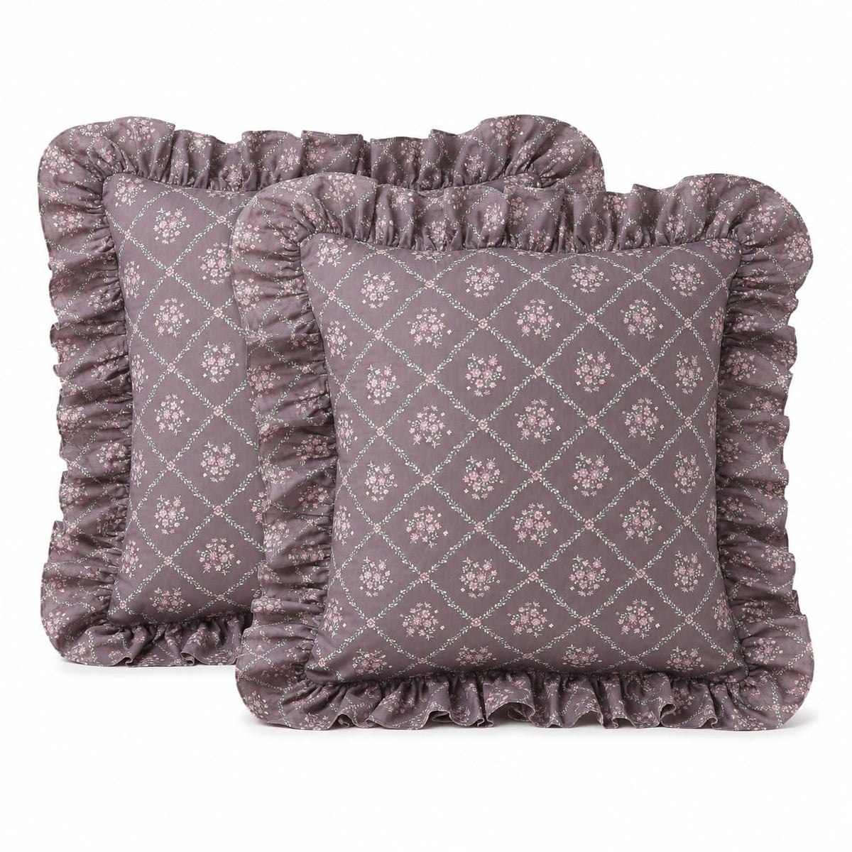Gingham Throw Pillow Covers 18x18, Warm Taupe/White, Ruffle Trim