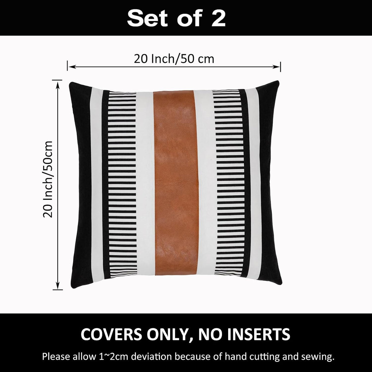 Decorative Striped Throw Pillow Cover 20x20 Inch Black White & Brown
