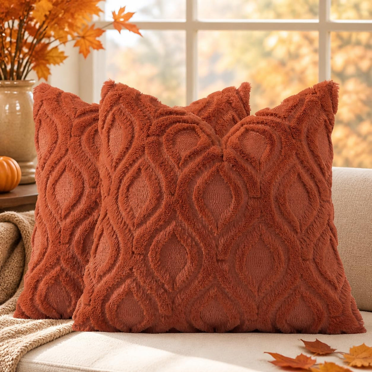 decorUhome Faux Fur Plush Soft Beige Throw Pillow Covers 18x18 Set of 2