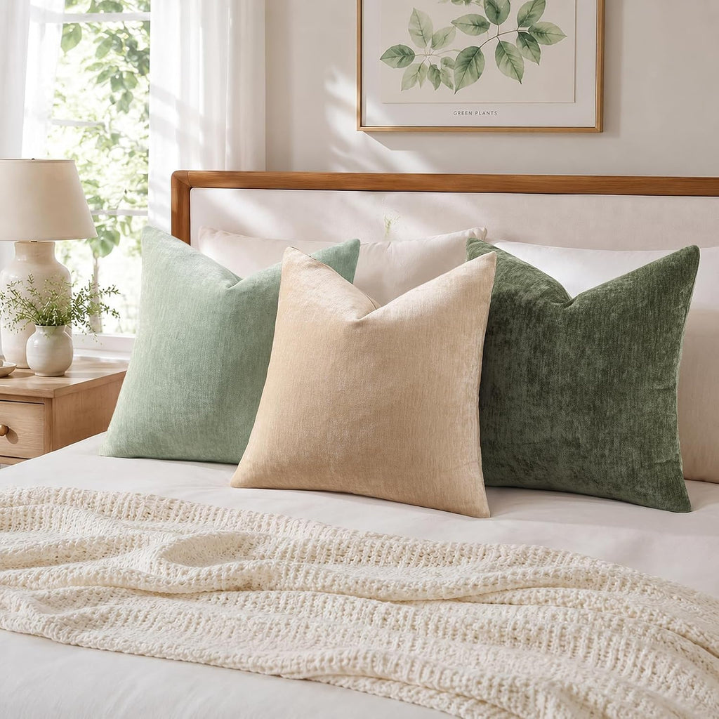 decorUhome Soft Chenille Moss Green Throw Pillow Covers 18X18 Set of 2