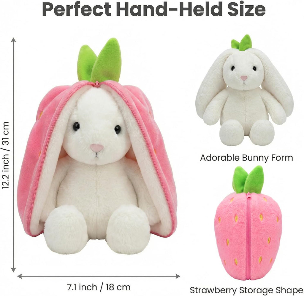 Freetoes Funny Strawberry Bunny Stuffed Animal,Strawberry Reversible Cuddle Bunnies Doll with Zipper Cute Soft Rabbit Toys Pillow,Kawaii Easter Bunny Plush Gifts or Valentines