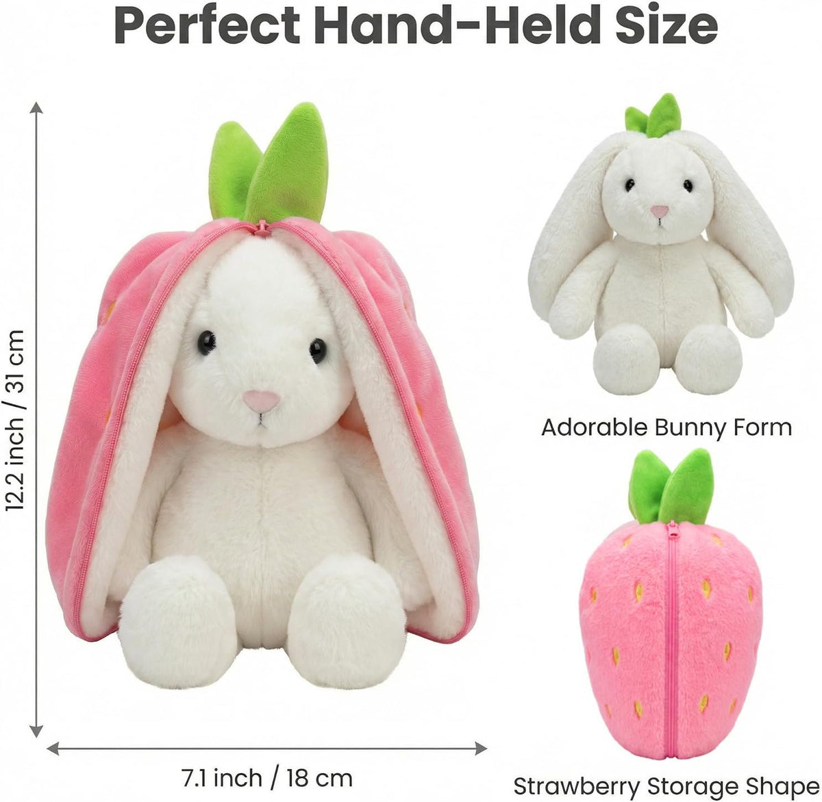 Freetoes Funny Strawberry Bunny Stuffed Animal,Strawberry Reversible Cuddle Bunnies Doll with Zipper Cute Soft Rabbit Toys Pillow,Kawaii Easter Bunny Plush Gifts or Valentines
