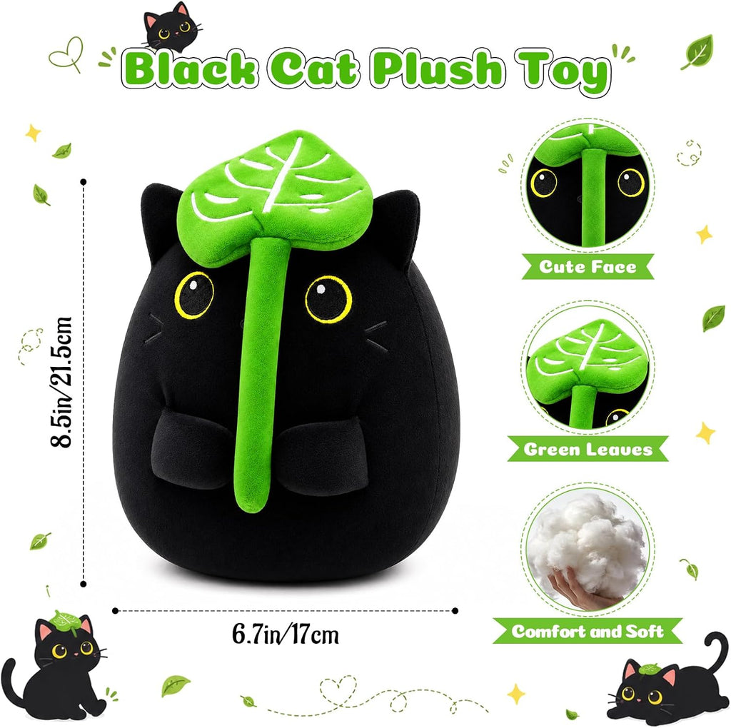 Black Cat Plush Pillow,8.5 Inch Leaf Black Cat Stuffed Animal Toy