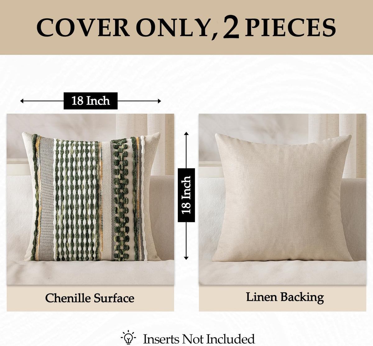 ANRODUO Boho Decorative Pillow Covers Olive Green Stripe 18x18 Pack of 2
