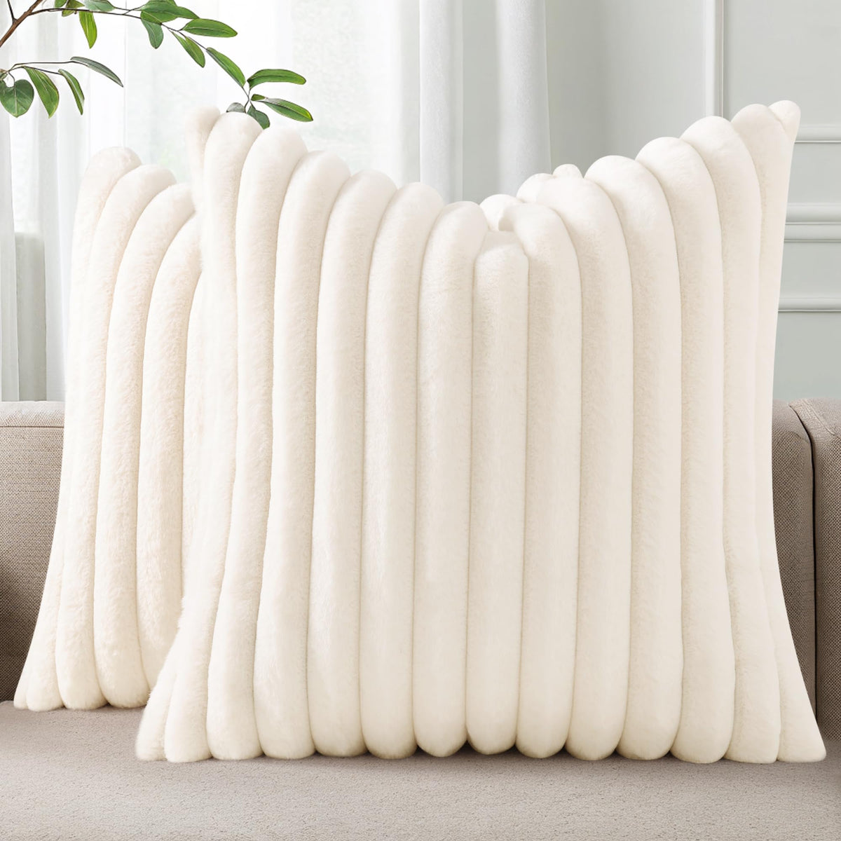 Pallene Faux Fur Decorative Throw Pillow Covers 18x18 Set of 2, Cream White